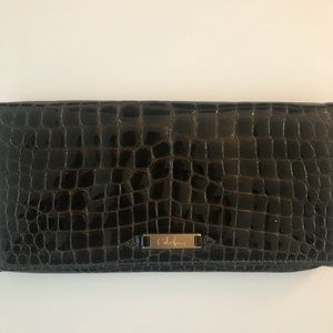 Cole Haan brown patent crocodile clutch